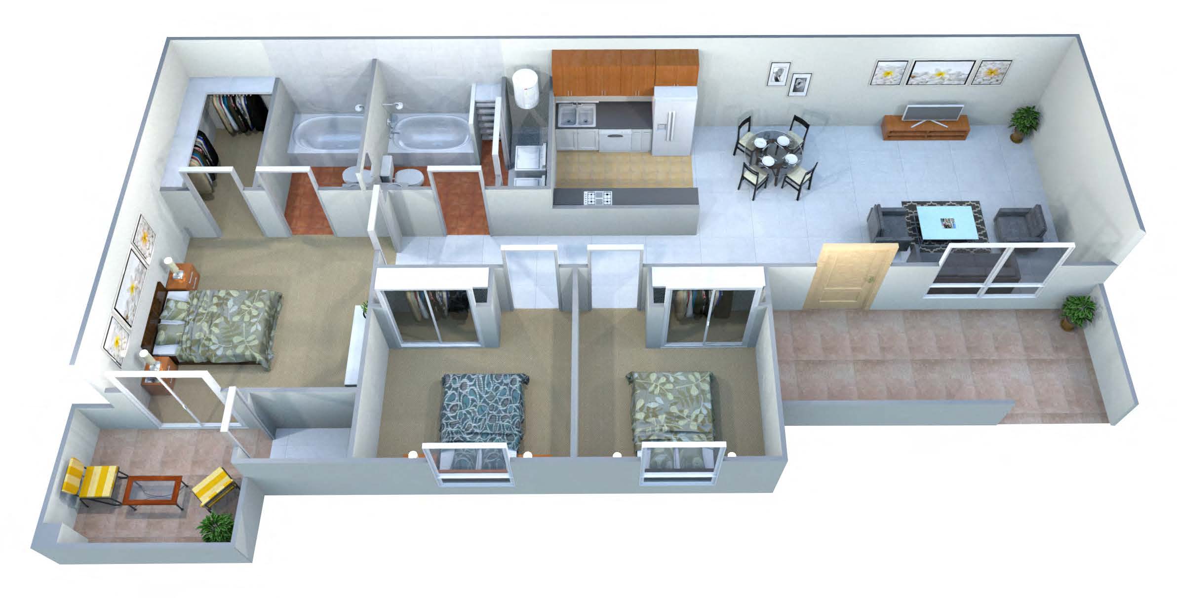 Floor plan for 3 beds, 2 baths, 1014 sqft